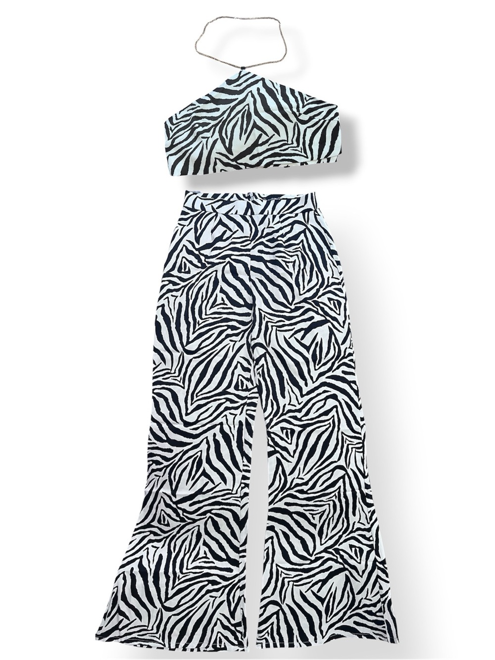 Fashion Nova Black & White Zebra Wide Leg Pants With Matching Tie Top